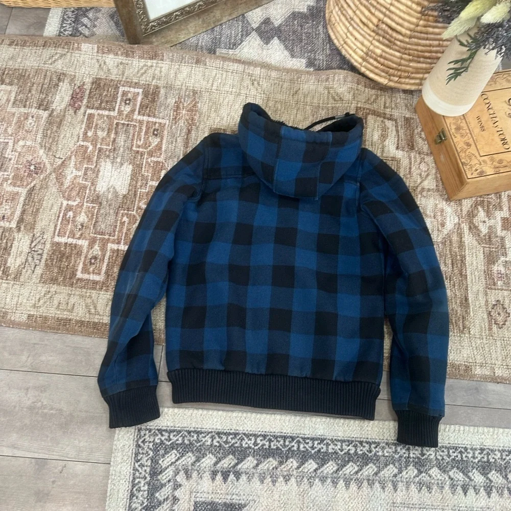 Vintage XDYE 90s Boys Blue Black Buffalo Plaid Hooded Zip Jacket Heavy Sz Small